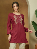 Janasya Dark Rayon Embroidered Straight Tunic | Grocsy