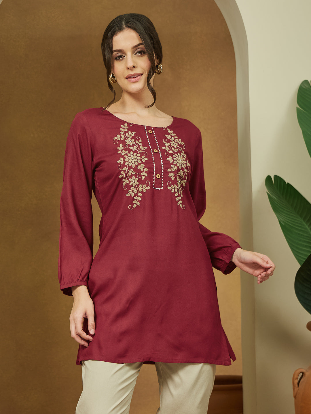 Janasya Dark Rayon Embroidered Straight Tunic | Grocsy