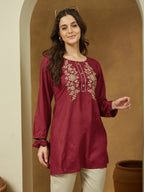 Janasya Dark Rayon Embroidered Straight Tunic | Grocsy