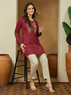 Janasya Dark Rayon Embroidered Straight Tunic | Grocsy