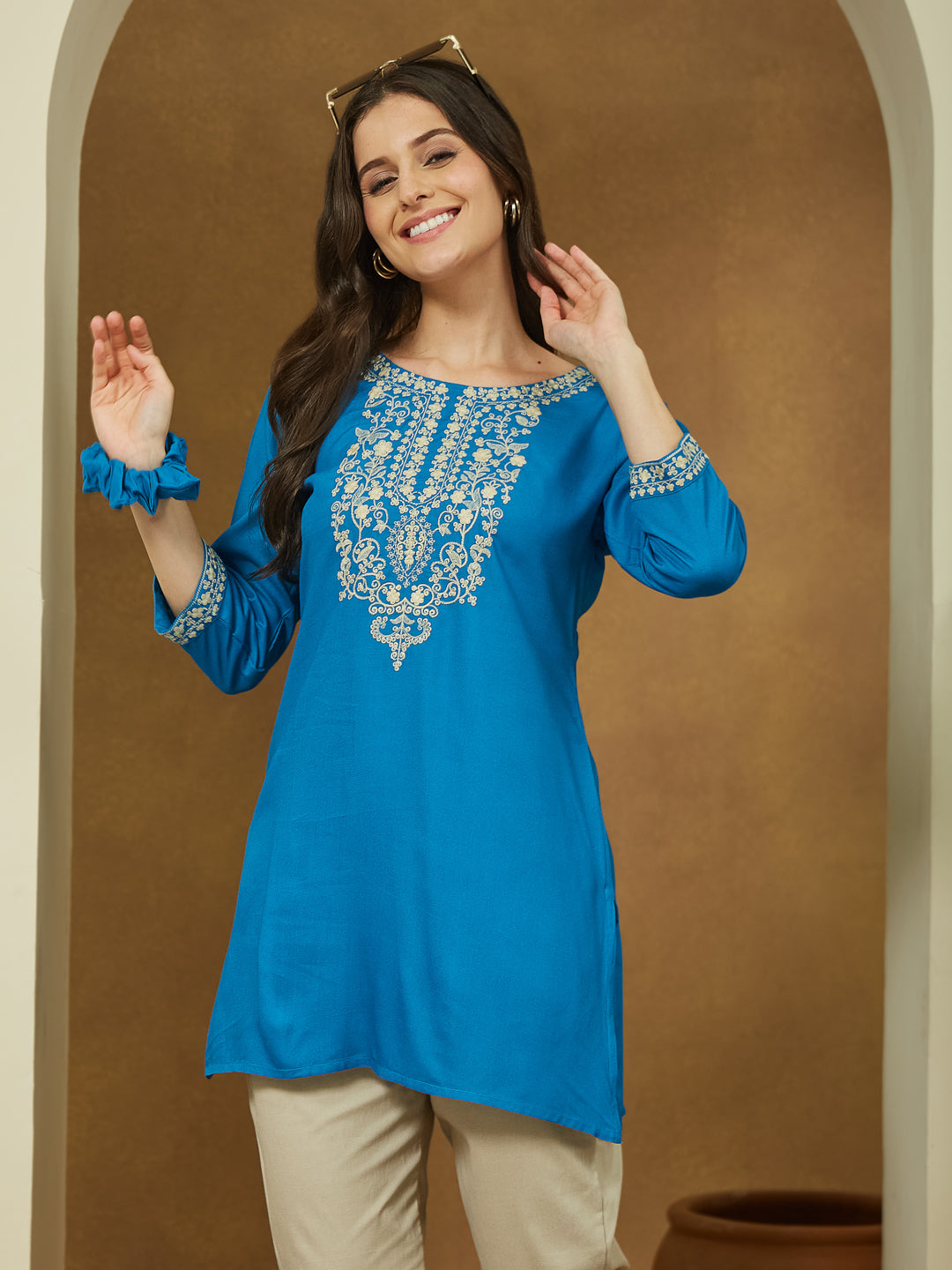 Janasya Dark Rayon Embroidered Straight Tunic | Grocsy