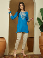 Janasya Dark Rayon Embroidered Straight Tunic | Grocsy