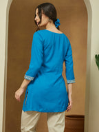 Janasya Dark Rayon Embroidered Straight Tunic | Grocsy