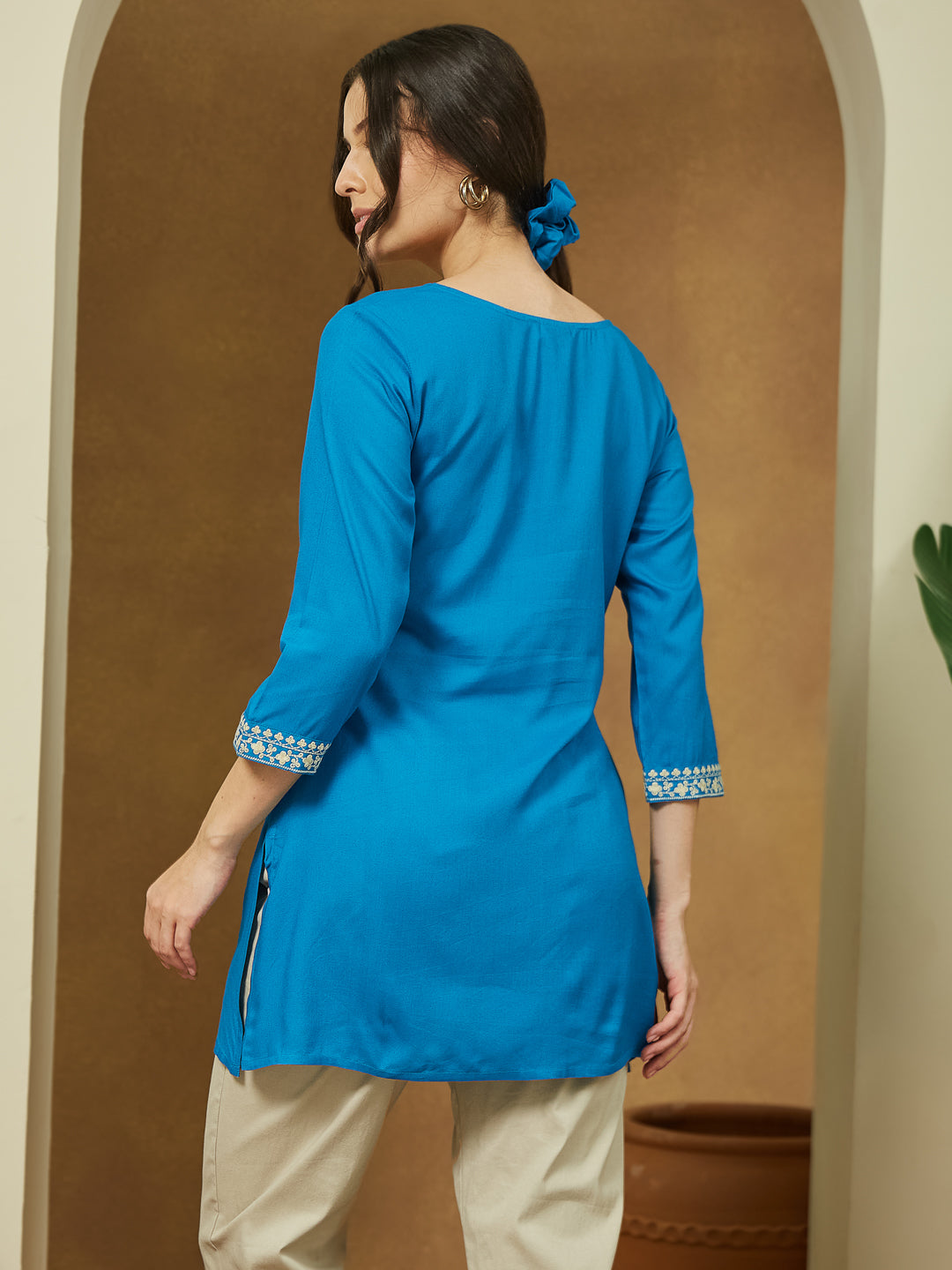 Janasya Dark Rayon Embroidered Straight Tunic | Grocsy