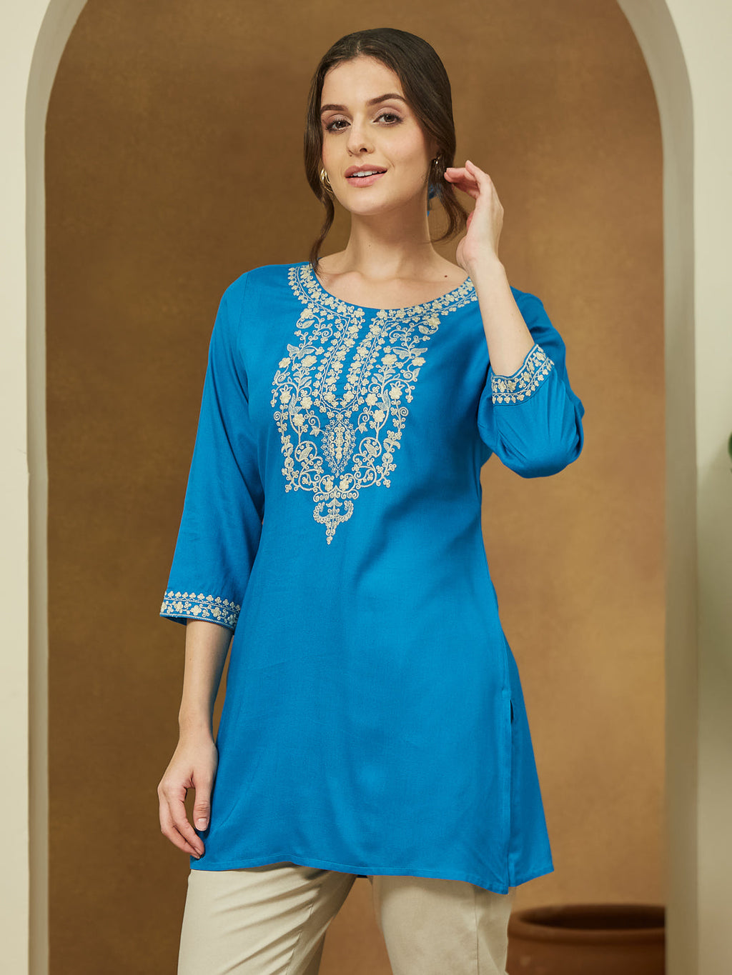 Janasya Dark Rayon Embroidered Straight Tunic | Grocsy