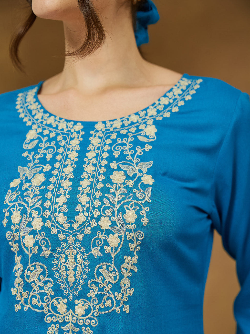 Janasya Dark Rayon Embroidered Straight Tunic | Grocsy