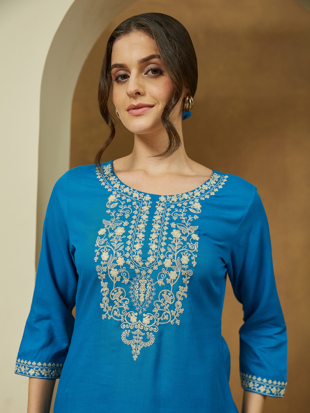 Janasya Dark Rayon Embroidered Straight Tunic | Grocsy