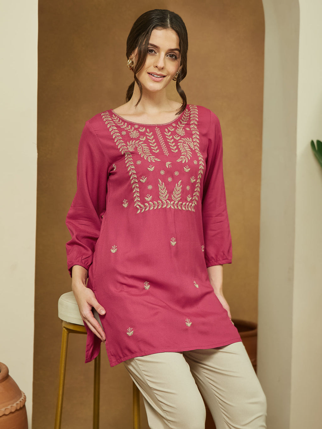 Janasya Dark Rayon Embroidered Straight Tunic | Grocsy