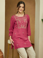 Janasya Dark Rayon Embroidered Straight Tunic | Grocsy