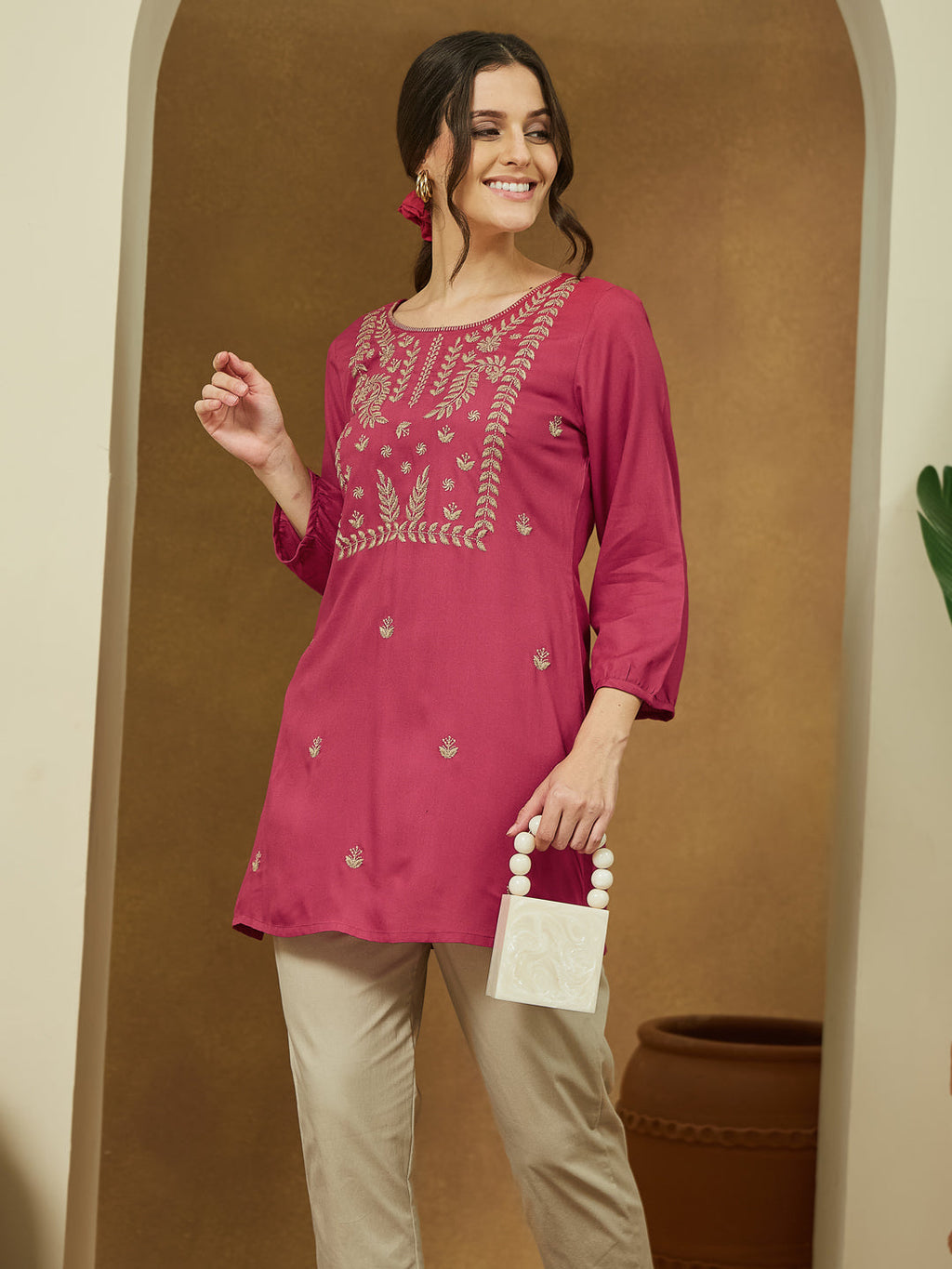 Janasya Dark Rayon Embroidered Straight Tunic | Grocsy