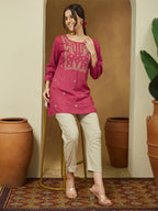 Janasya Dark Rayon Embroidered Straight Tunic | Grocsy