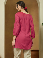 Janasya Dark Rayon Embroidered Straight Tunic | Grocsy