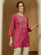 Janasya Dark Rayon Embroidered Straight Tunic | Grocsy