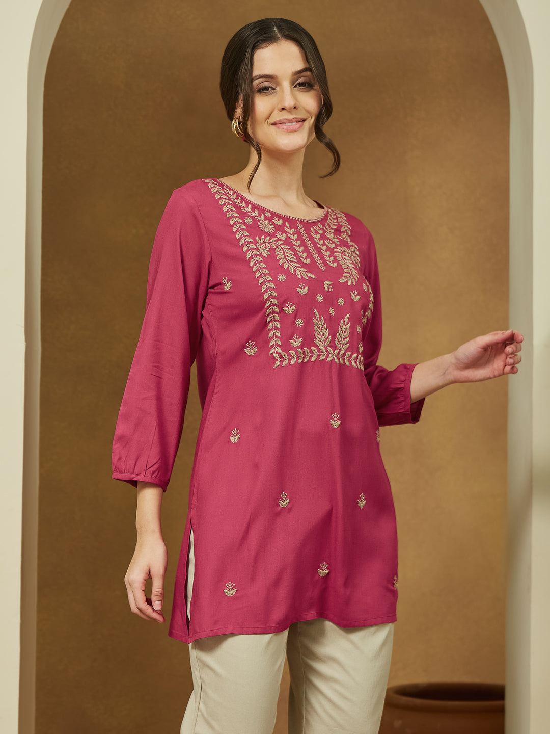 Janasya Dark Rayon Embroidered Straight Tunic | Grocsy
