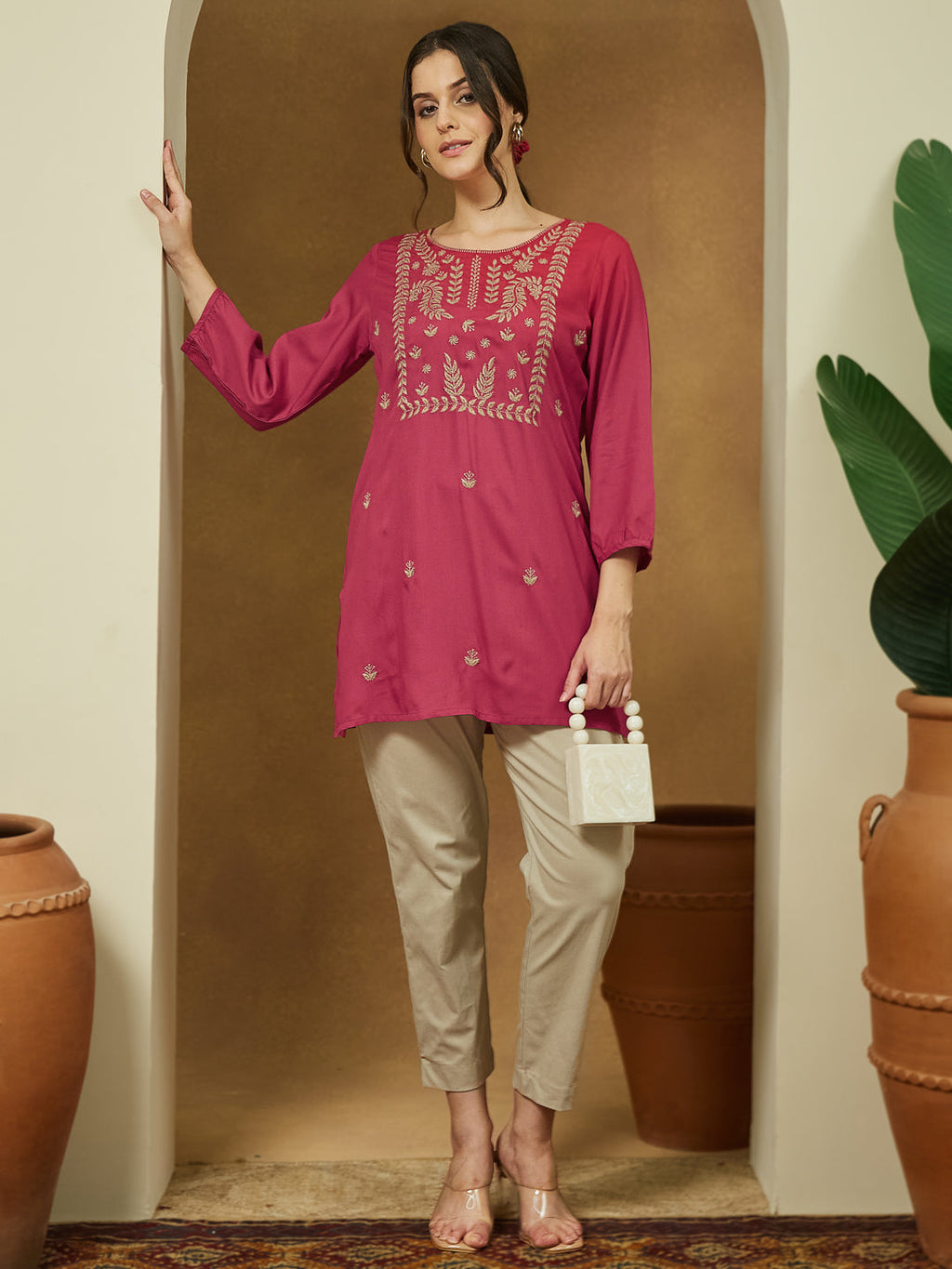 Janasya Dark Rayon Embroidered Straight Tunic | Grocsy