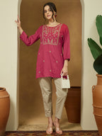 Janasya Dark Rayon Embroidered Straight Tunic | Grocsy