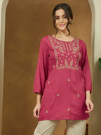 Janasya Dark Rayon Embroidered Straight Tunic | Grocsy