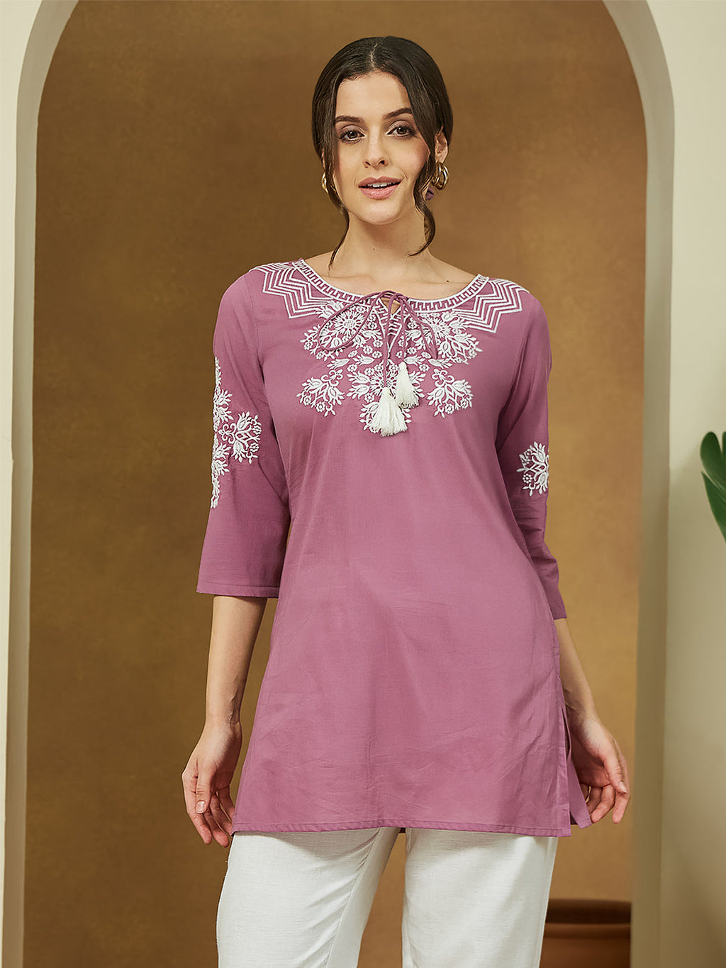 Janasya Dark Cotton Embroidered Straight Tunic | Grocsy