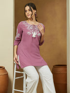 Janasya Dark Cotton Embroidered Straight Tunic | Grocsy
