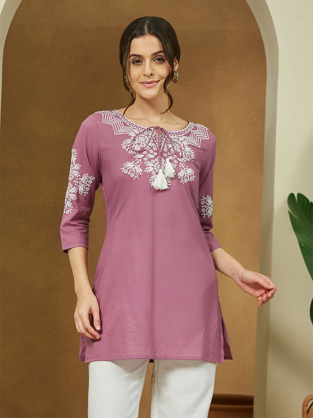 Janasya Dark Cotton Embroidered Straight Tunic | Grocsy