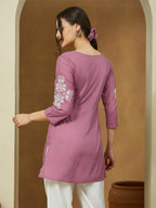 Janasya Dark Cotton Embroidered Straight Tunic | Grocsy