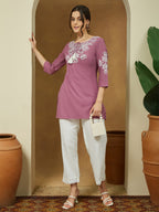 Janasya Dark Cotton Embroidered Straight Tunic | Grocsy