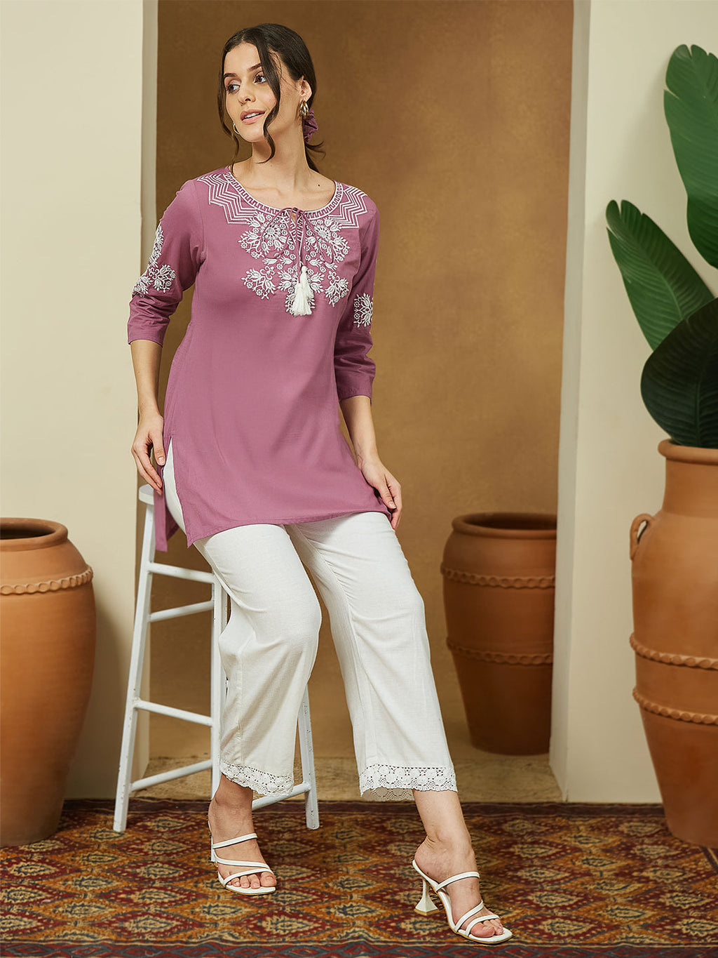 Janasya Dark Cotton Embroidered Straight Tunic | Grocsy
