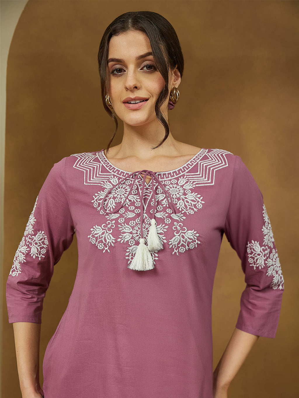 Janasya Dark Cotton Embroidered Straight Tunic | Grocsy