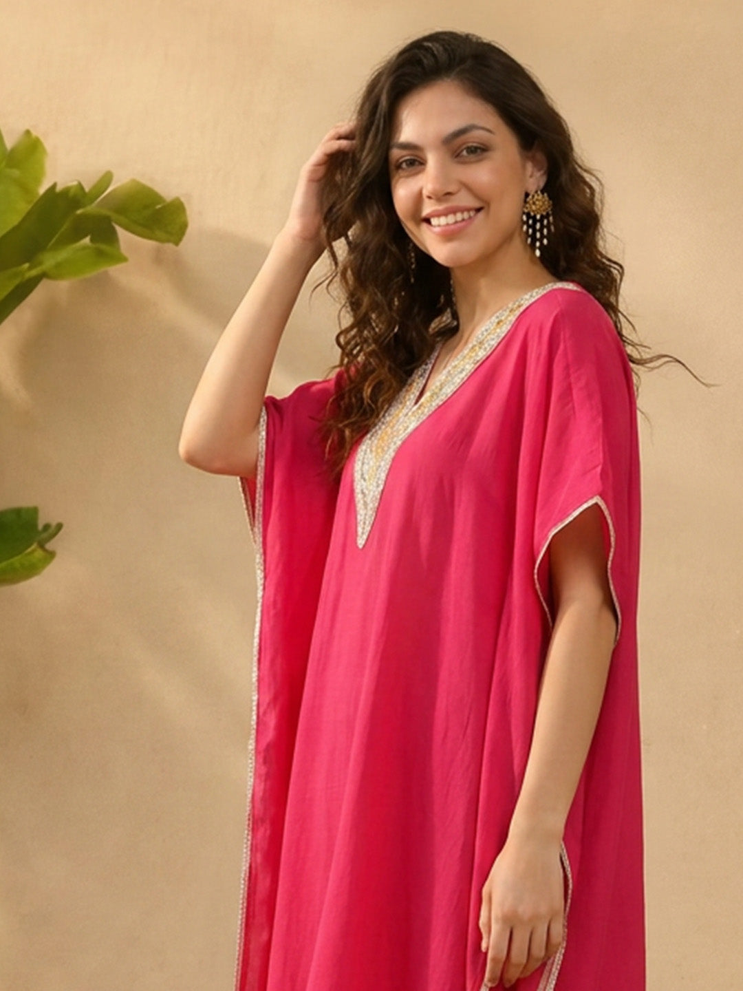 Janasya Pink Kaftan Silk Blend Pant Co-ord Sets | Grocsy
