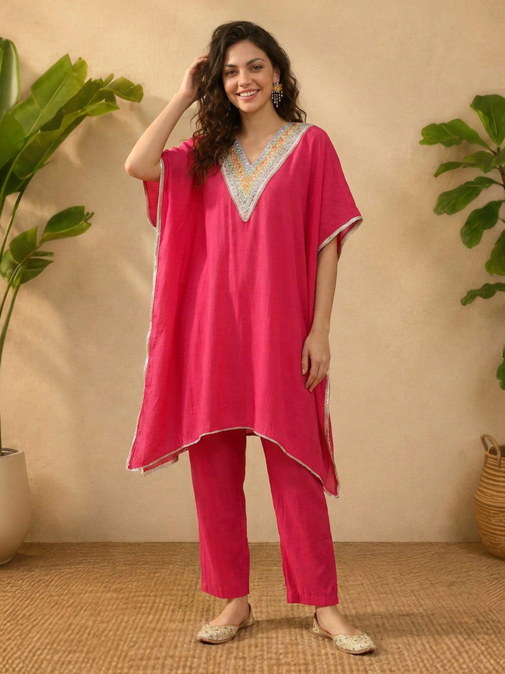Janasya Pink Kaftan Silk Blend Pant Co-ord Sets | Grocsy