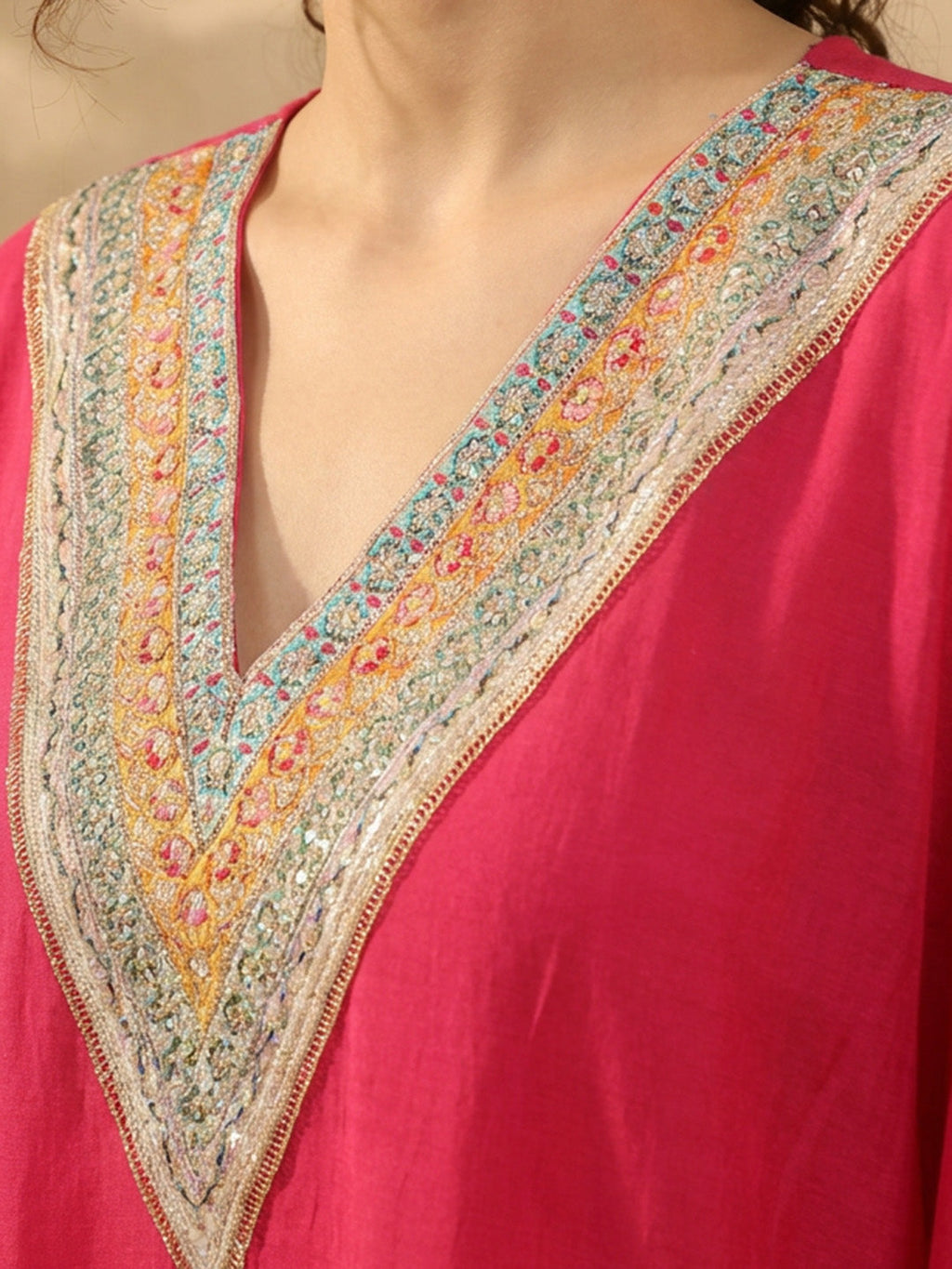 Janasya Pink Kaftan Silk Blend Pant Co-ord Sets | Grocsy