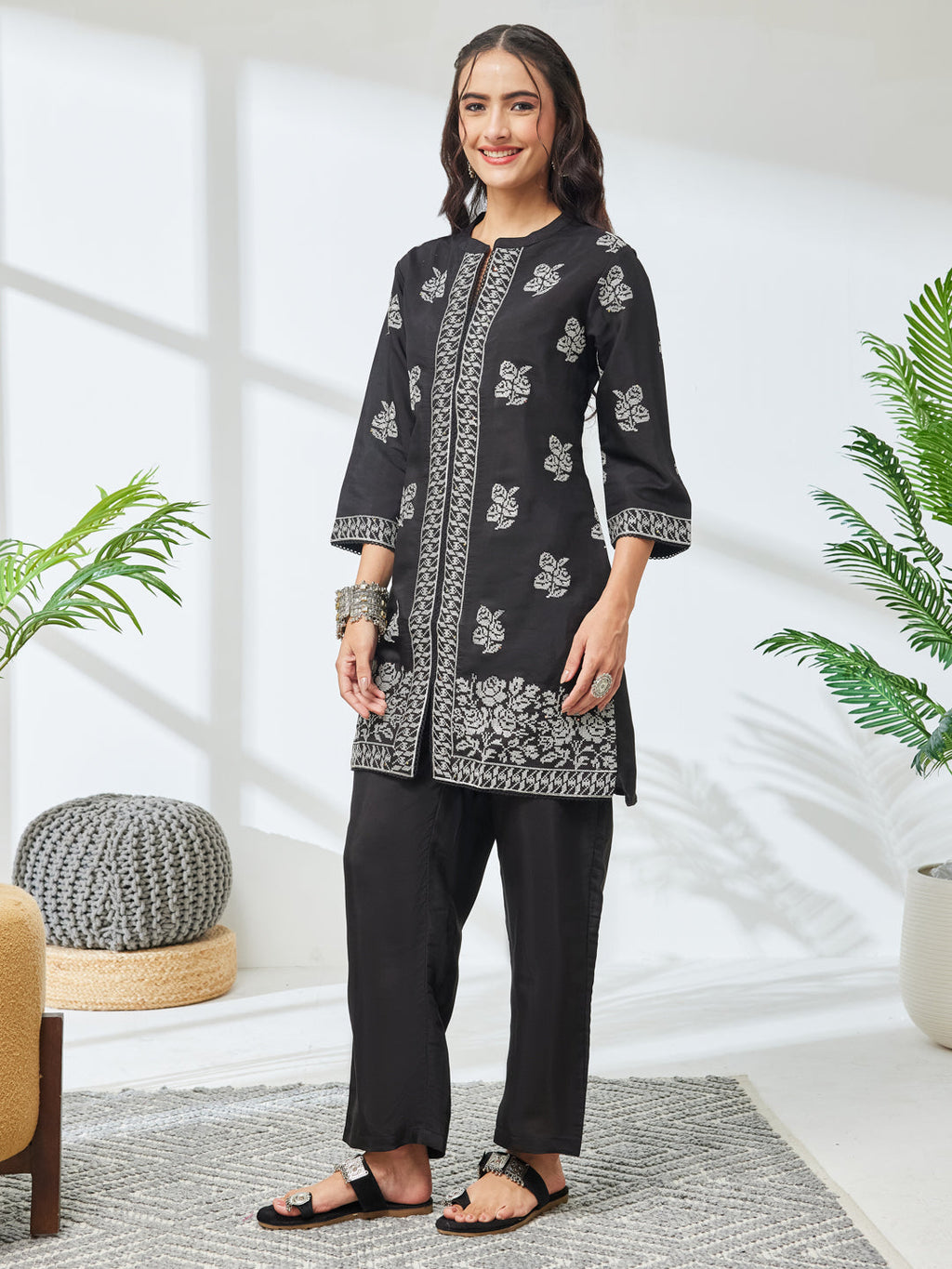 Janasya Black Straight Chanderi Co-Ords | Grocsy