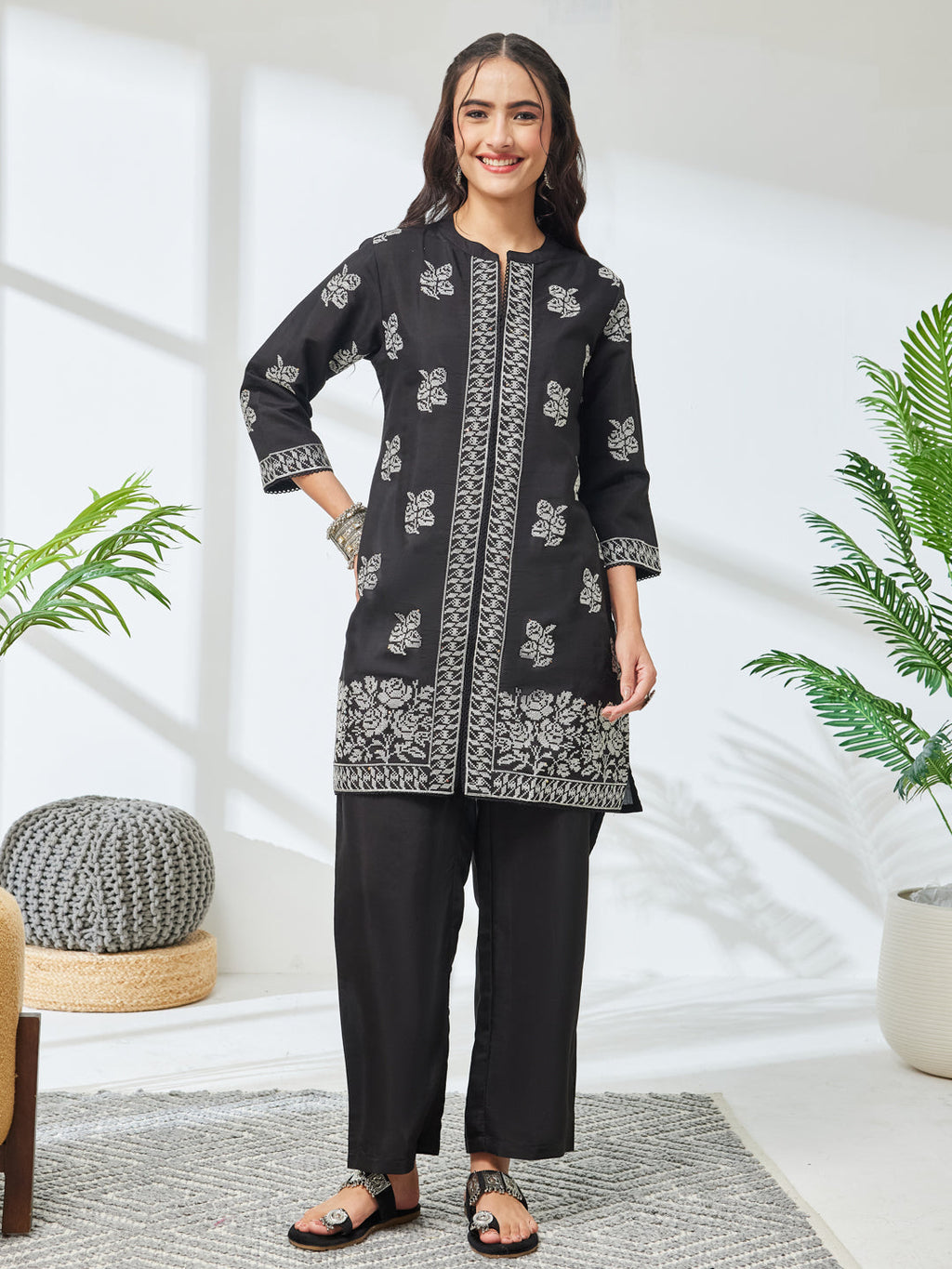 Janasya Black Straight Chanderi Co-Ords | Grocsy