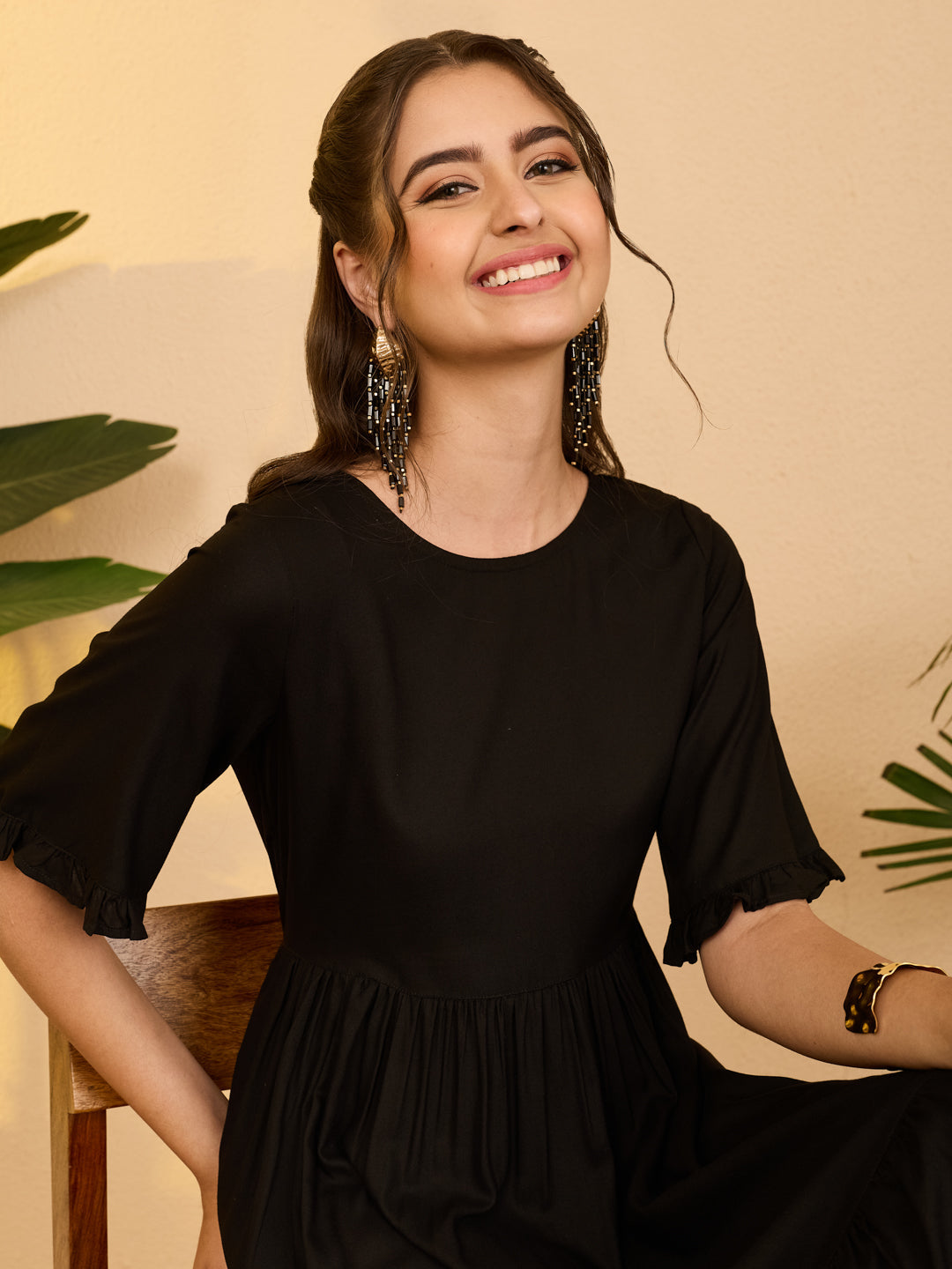 Janasya Black Gathered Rayon Dress | Grocsy