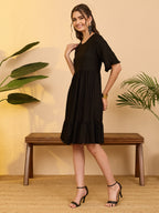 Janasya Black Gathered Rayon Dress | Grocsy
