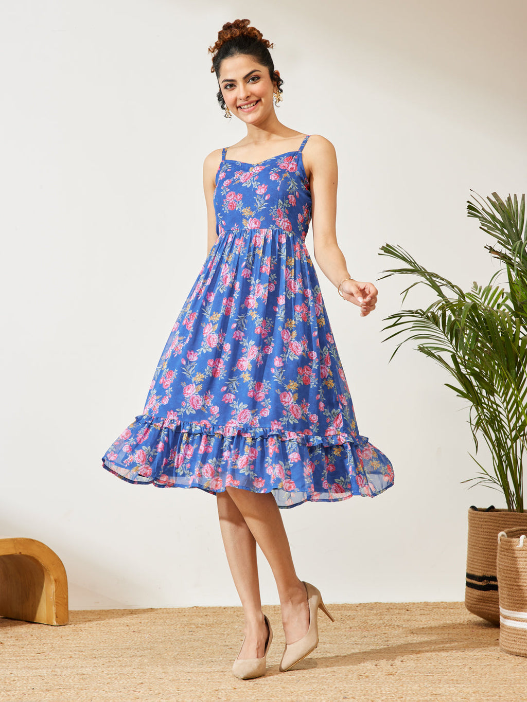 Janasya Blue A-Line Georgette Dress | Grocsy