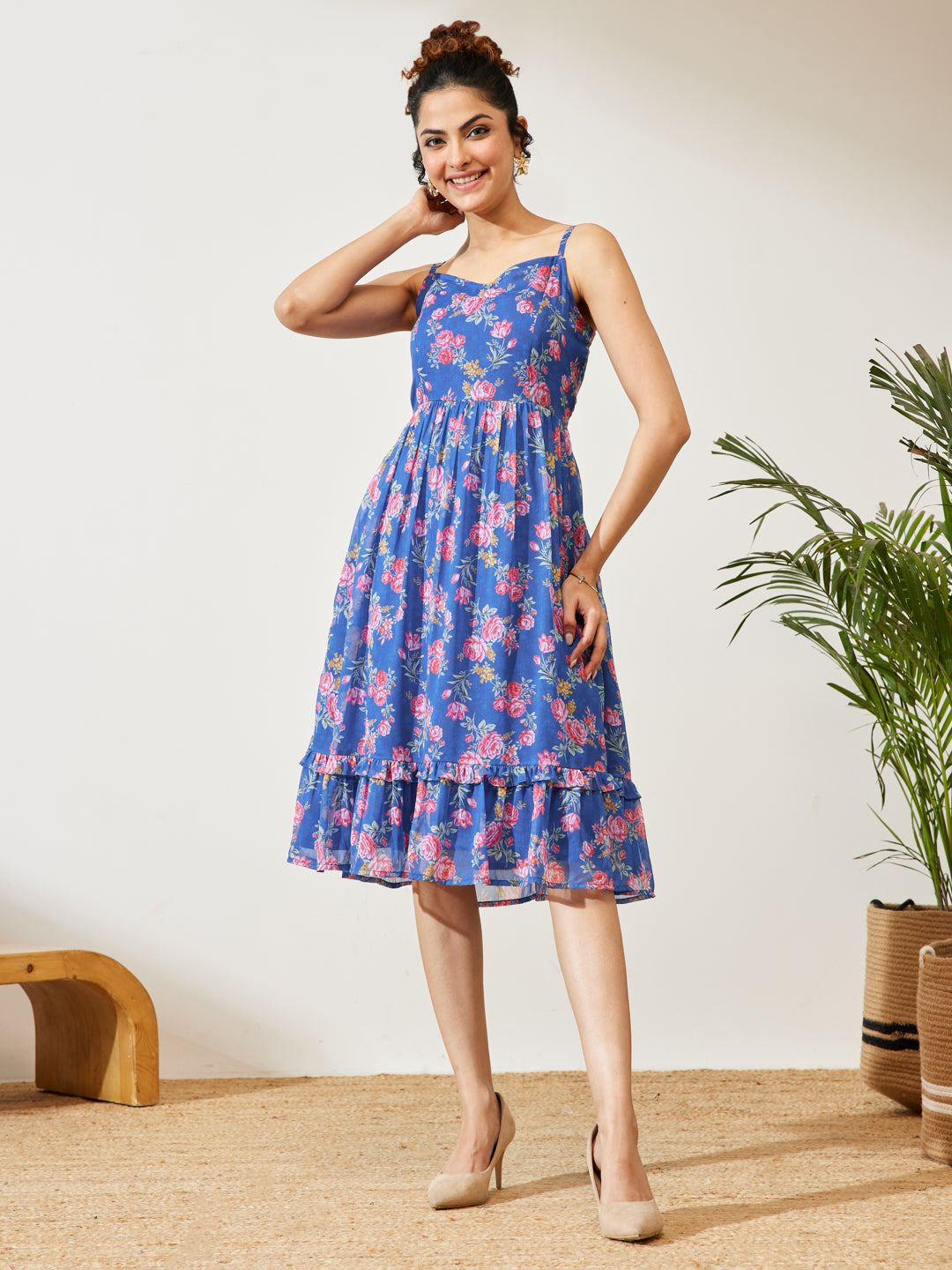 Janasya Blue A-Line Georgette Dress | Grocsy