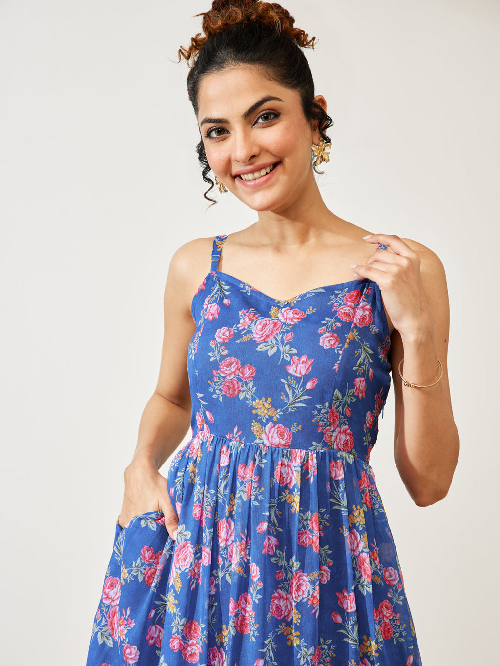 Janasya Blue A-Line Georgette Dress | Grocsy