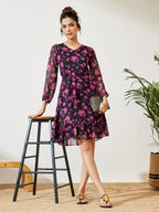 Janasya Black A-Line Chiffon Dress | Grocsy