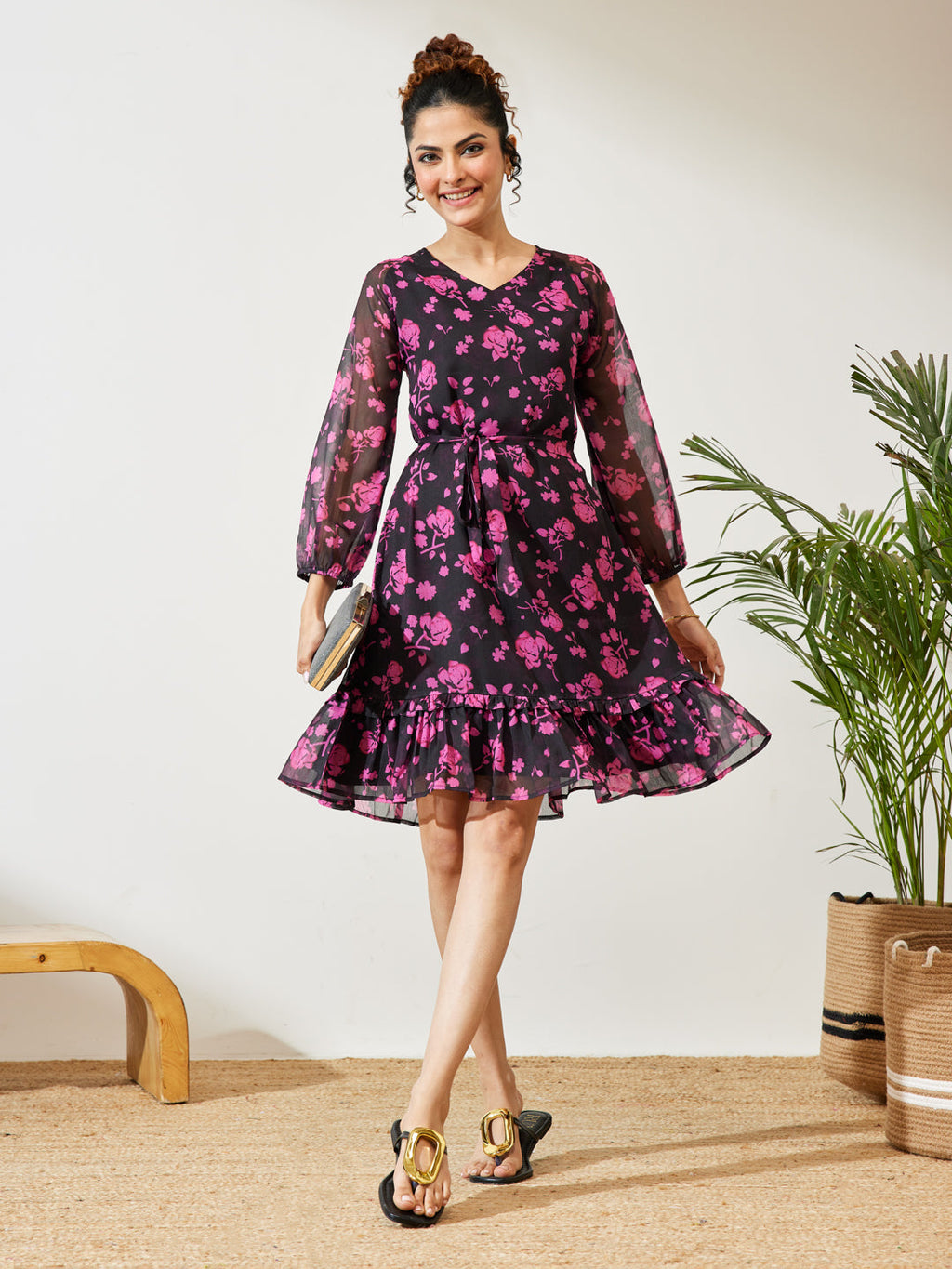 Janasya Black A-Line Chiffon Dress | Grocsy