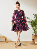 Janasya Black A-Line Chiffon Dress | Grocsy