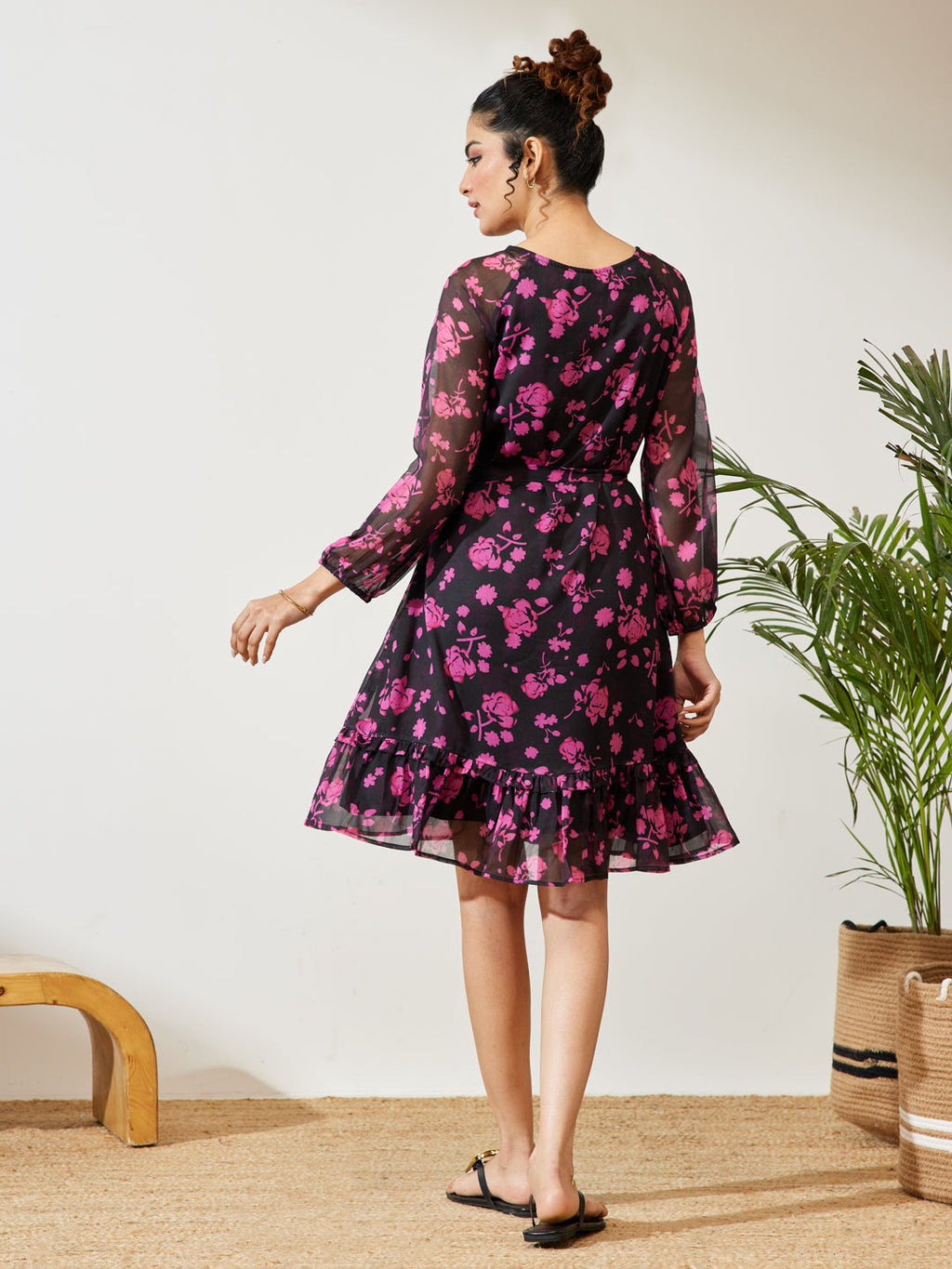 Janasya Black A-Line Chiffon Dress | Grocsy