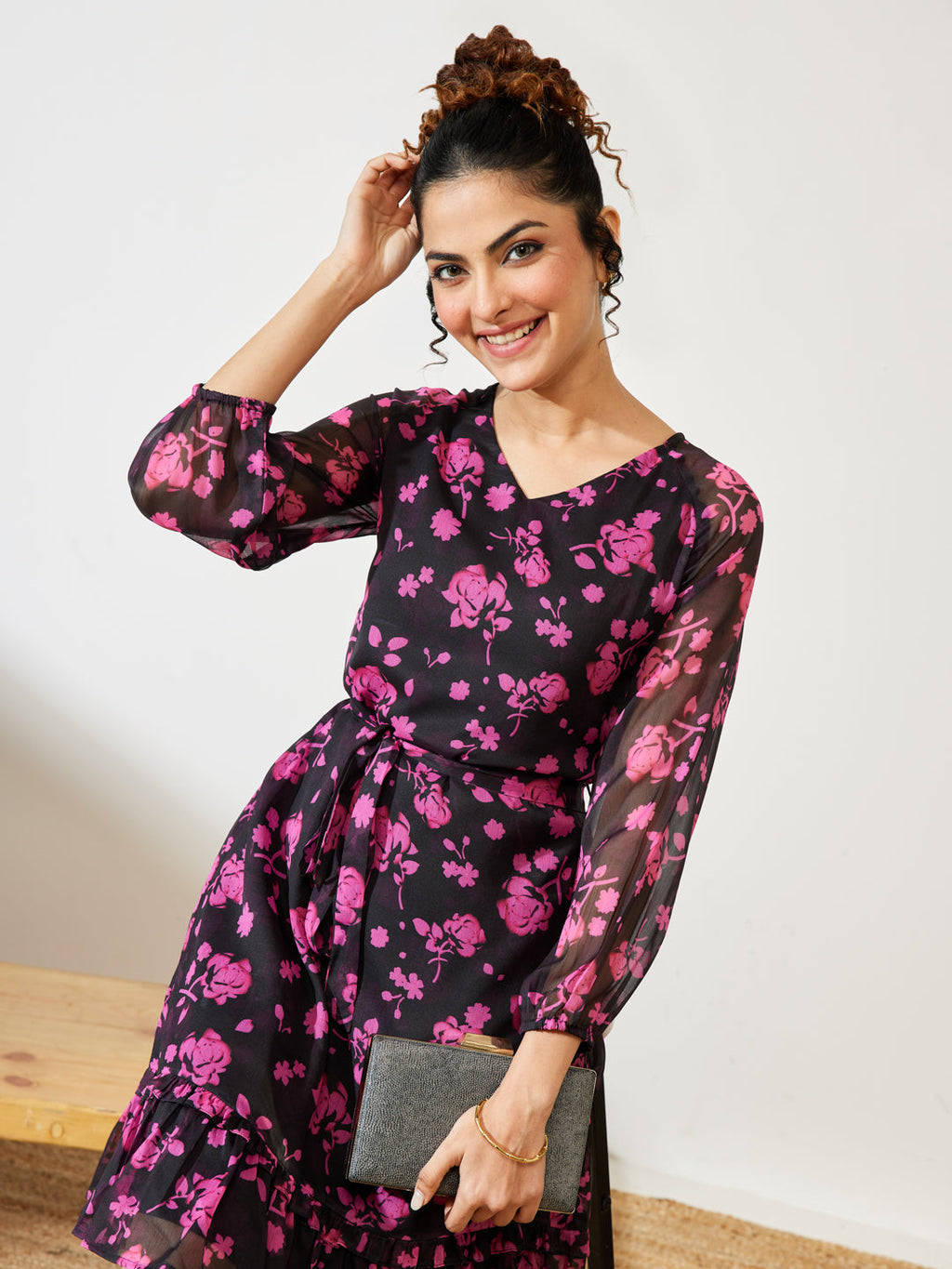 Janasya Black A-Line Chiffon Dress | Grocsy