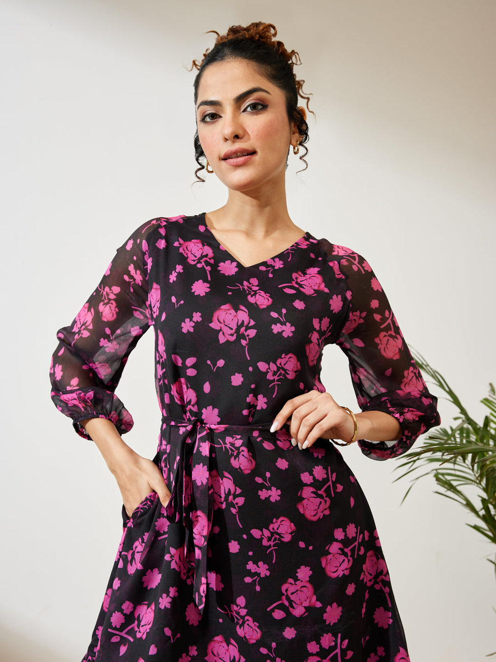 Janasya Black A-Line Chiffon Dress | Grocsy