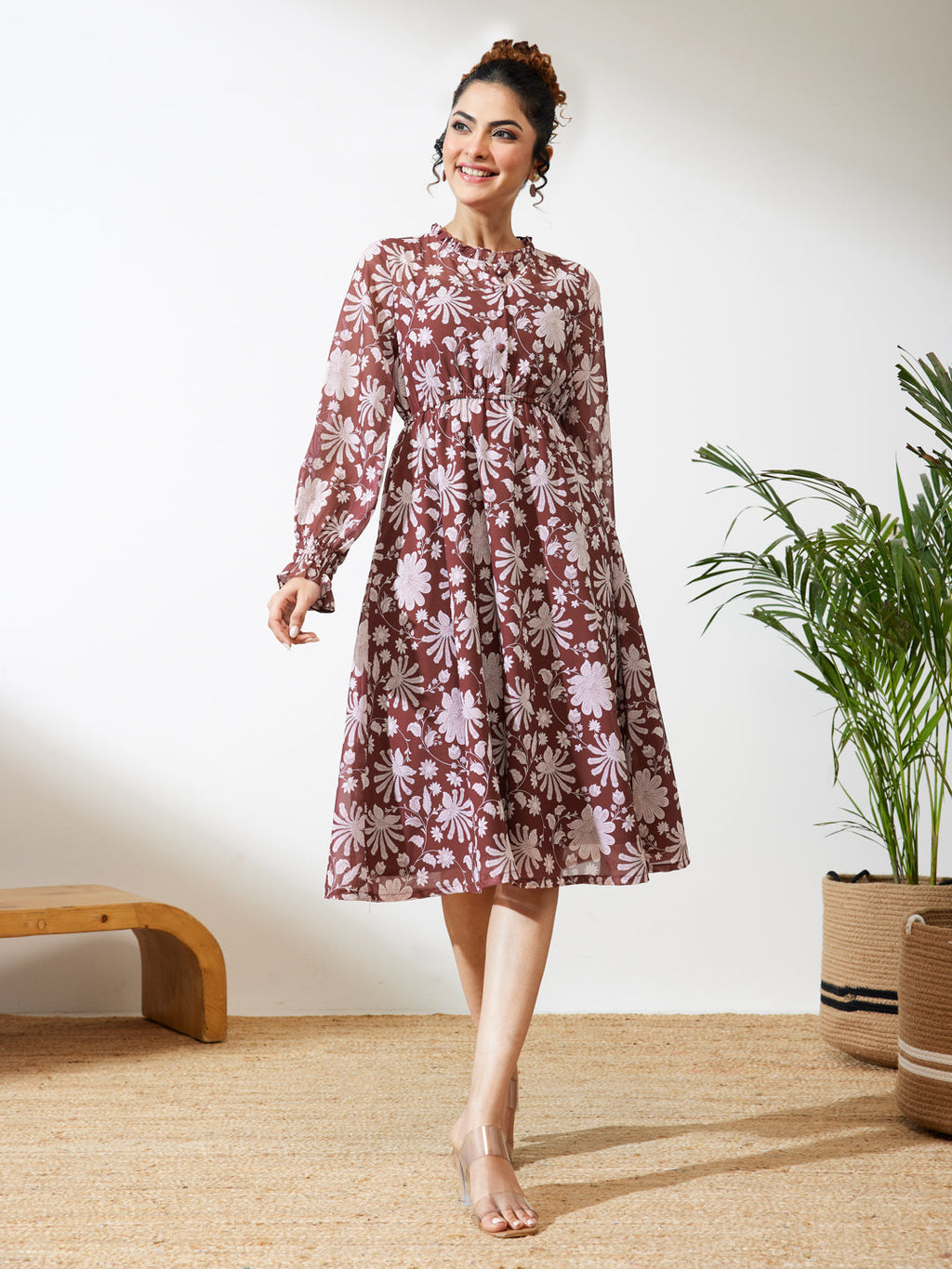 Janasya Burgundy Fit & Flare Georgette Dress | Grocsy