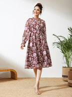 Janasya Burgundy Fit & Flare Georgette Dress | Grocsy