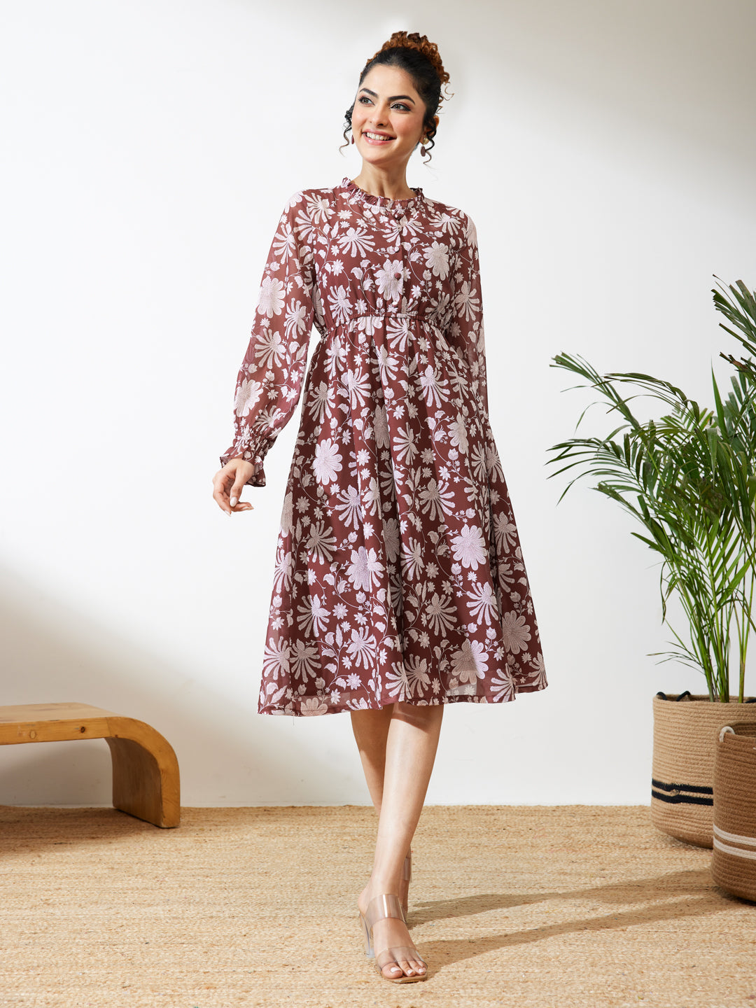 Janasya Burgundy Fit & Flare Georgette Dress | Grocsy