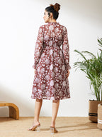 Janasya Burgundy Fit & Flare Georgette Dress | Grocsy