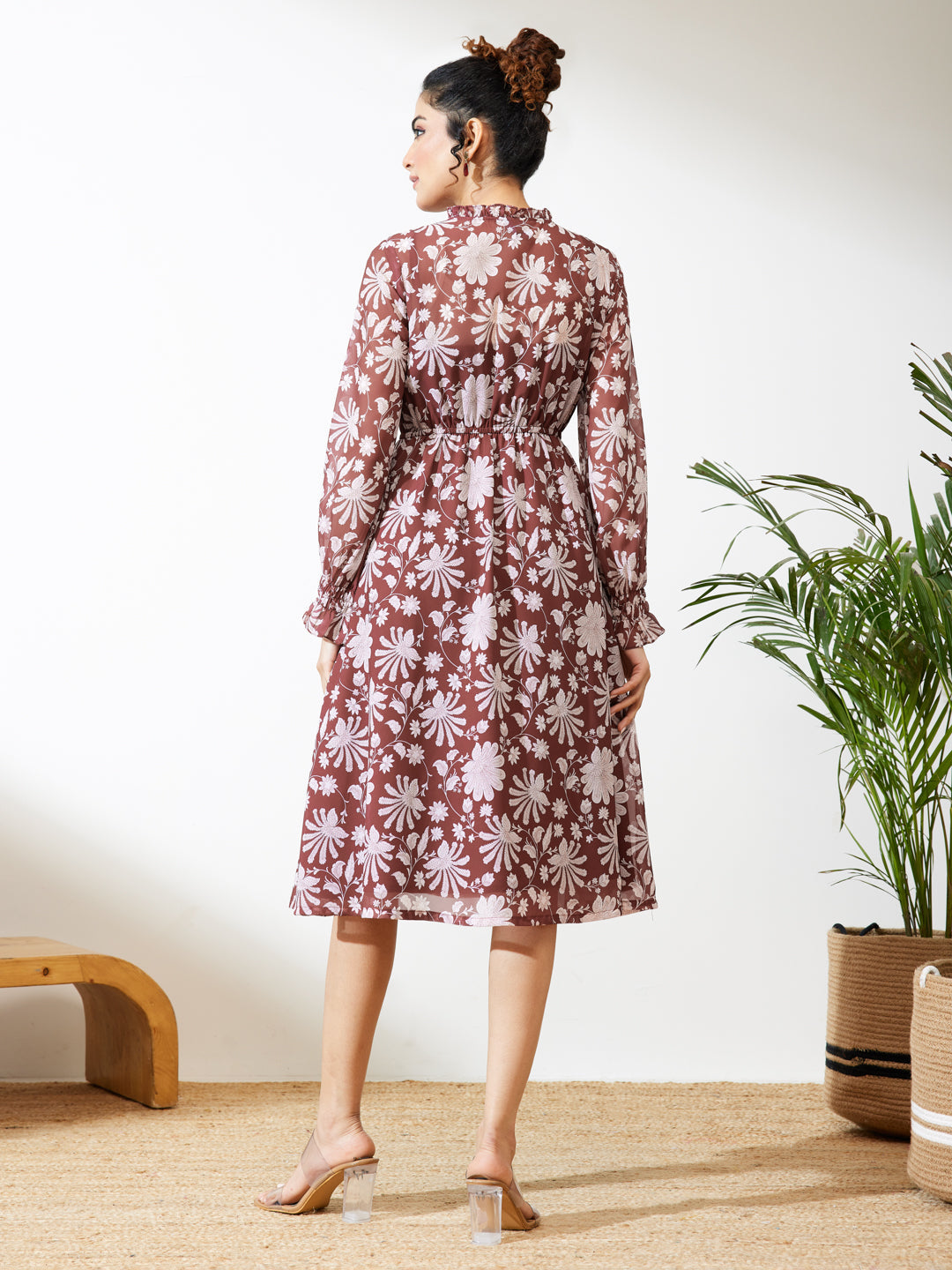 Janasya Burgundy Fit & Flare Georgette Dress | Grocsy