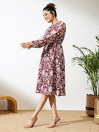 Janasya Burgundy Fit & Flare Georgette Dress | Grocsy